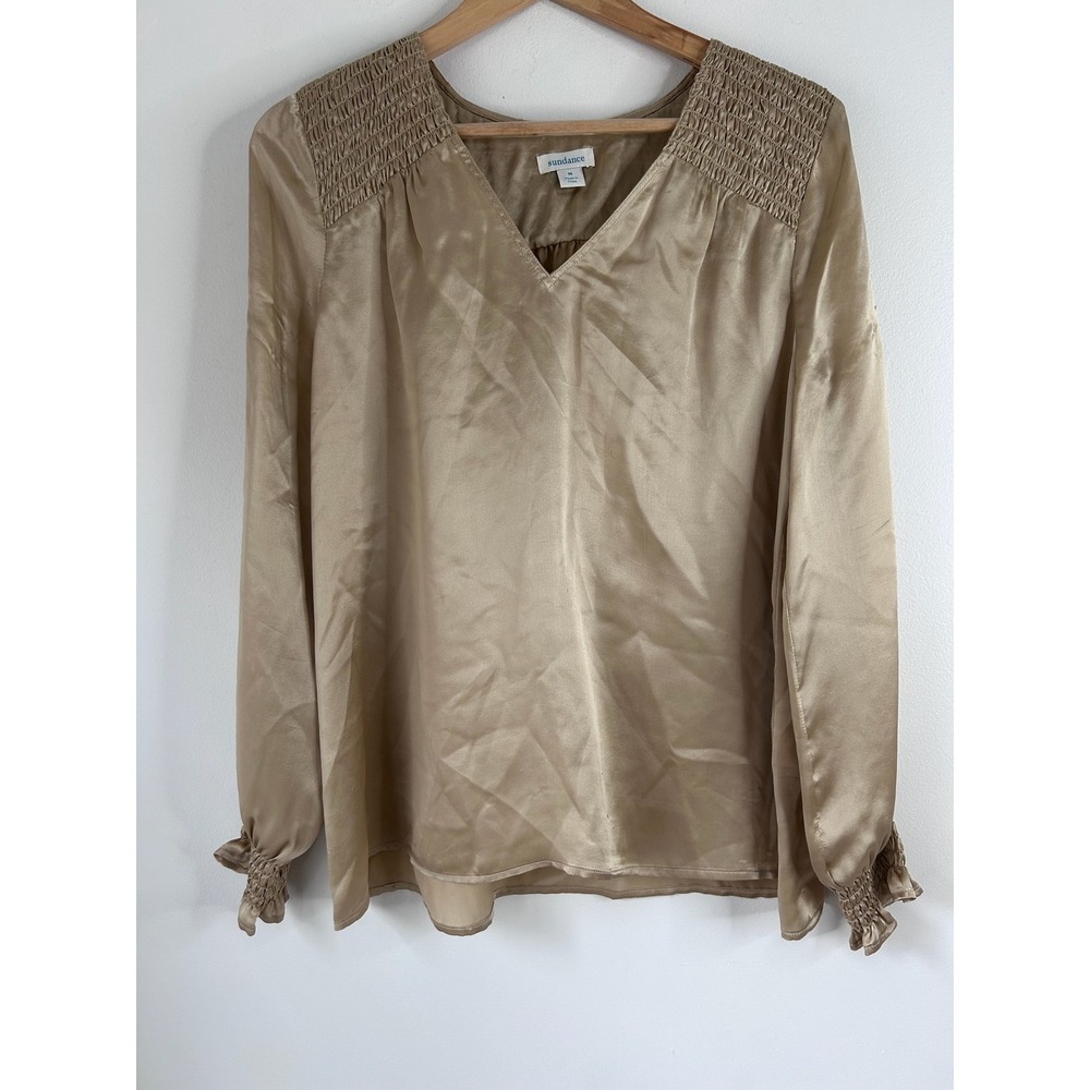 Sundance 100% Silk Blouse Top Sz M‎ Champagne Gold Smocked V-Neck Elegant Luxury